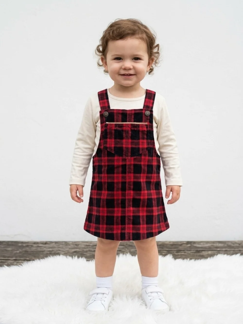 OshKosh B'gosh Red and Black Plaid Pinafore Overalls